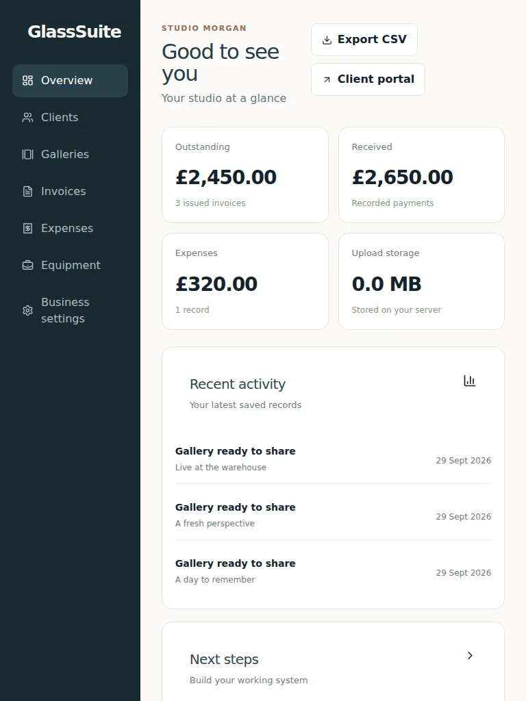Example GlassSuite workspace overview on a tablet